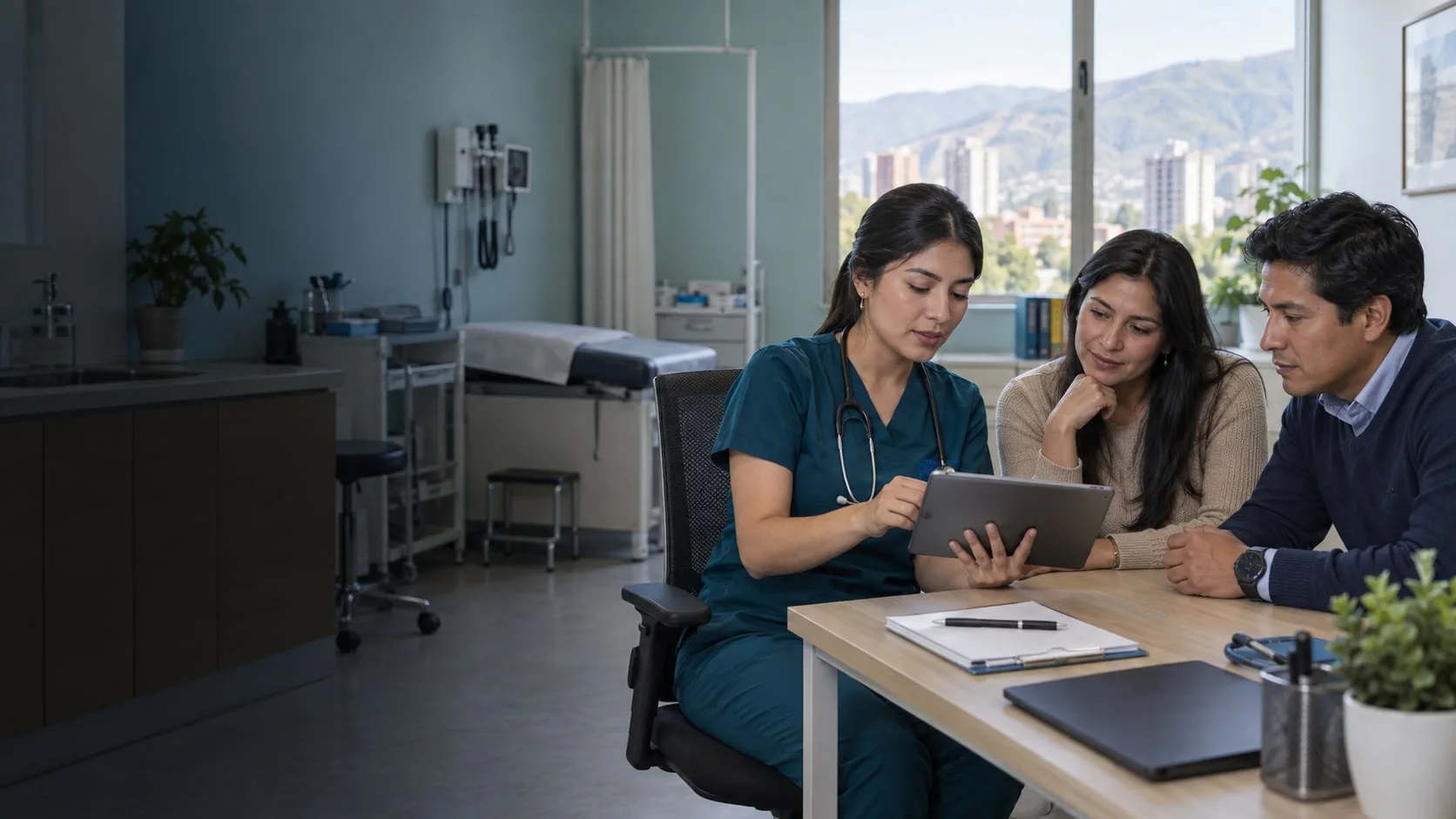 Médica de VitalisCare revisa información digital con responsables de una institución en Cochabamba